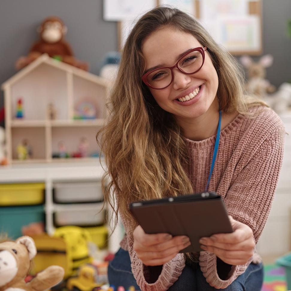 Eine lachende Erzieherin mit Brille, welligen Haaren und beigem Pullover hält ein Tablet in einem bunt eingerichteten Kindergartenraum mit Spielzeug, Puppenhaus, Teddybären, Regalen und Girlande.