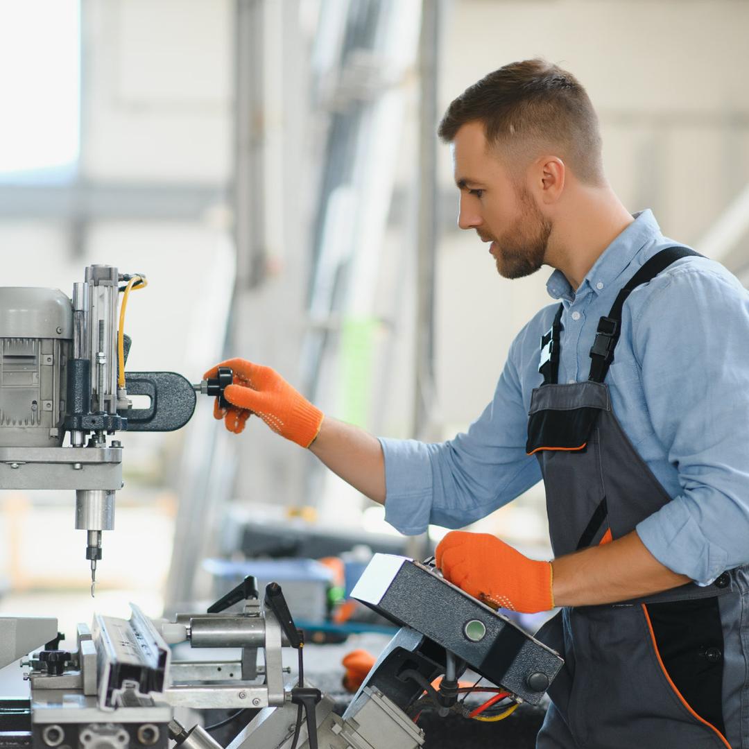 Ein Mann in Arbeitskleidung arbeitet an und mit einer industriellen Maschine.