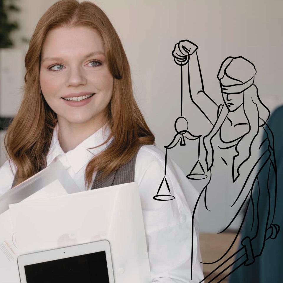 Es ist eine junge Frau als Justizfachangestellte zu sehen, die sich in einem Büro befindet und Papiere in der Hand hält.