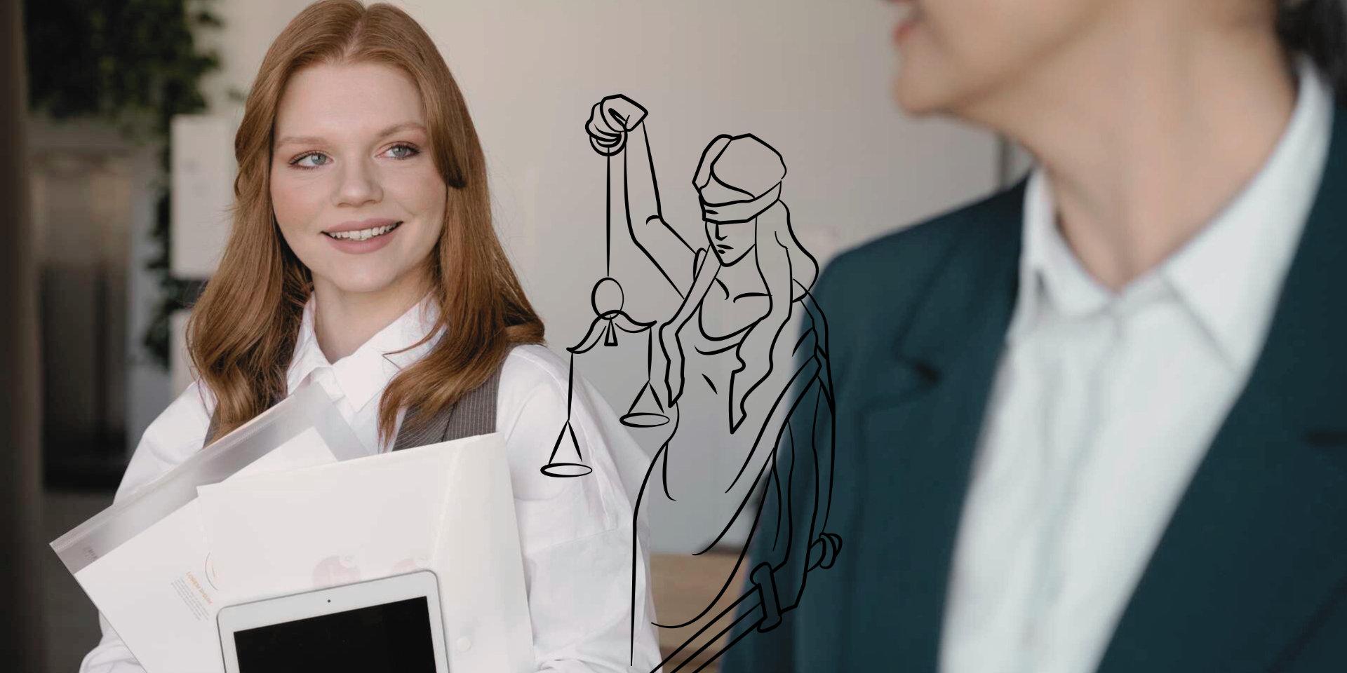 Es ist eine junge Frau als Justizfachangestellte zu sehen, die sich in einem Büro befindet und Papiere in der Hand hält.