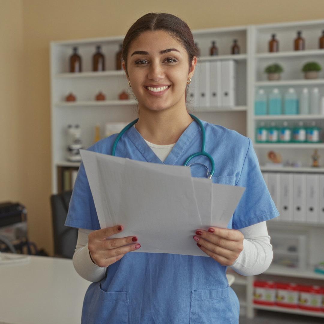 Eine medizinische Fachkraft in Arbeitskleidung hält mehrere Dokumente in den Händen und steht in einem Behandlungsraum mit Regalen voller Akten und medizinischer Utensilien.